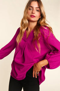 MAGENTA WOVEN SOLID WOVEN 3/4 SLEEVE HI LOW BUBBLE SLEEVE TOP