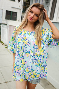 AQUA YELLOW GREEN BLUE FLORAL BUBBLE SLEEVE TOP