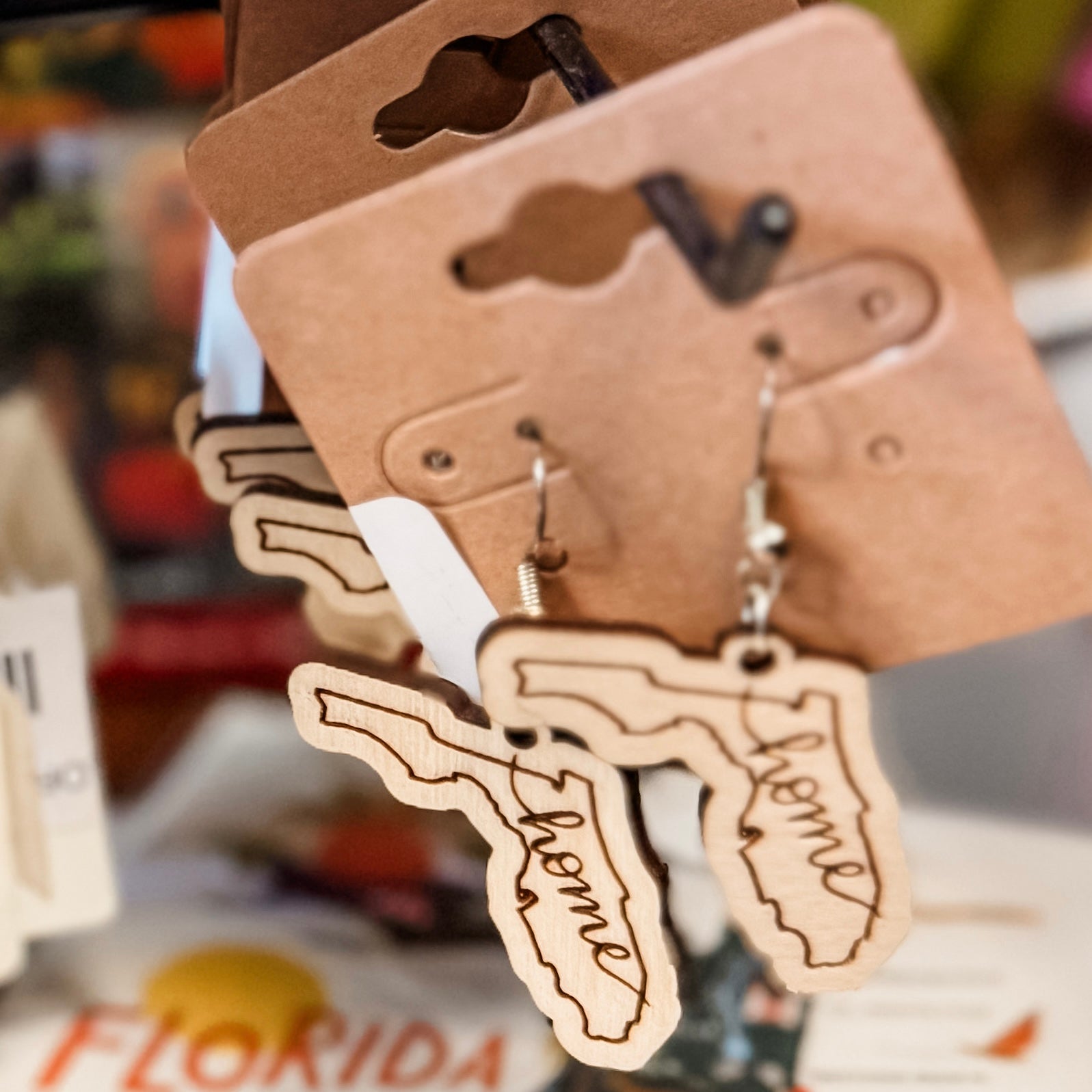 "HOME" FLORIDA SHAPE WOODEN HANDMADE EARRINGS