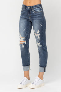 MID RISE CUFFED DESTROYED BOYFRIEND MEDIUM WASH JUDY BLUE DENIM