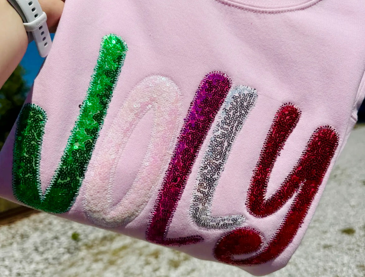 PINK SWEATSHIRT "JOLLY" SEQUINS MULTI COLORED CHRISTMAS HANDMADE APPLIQUED