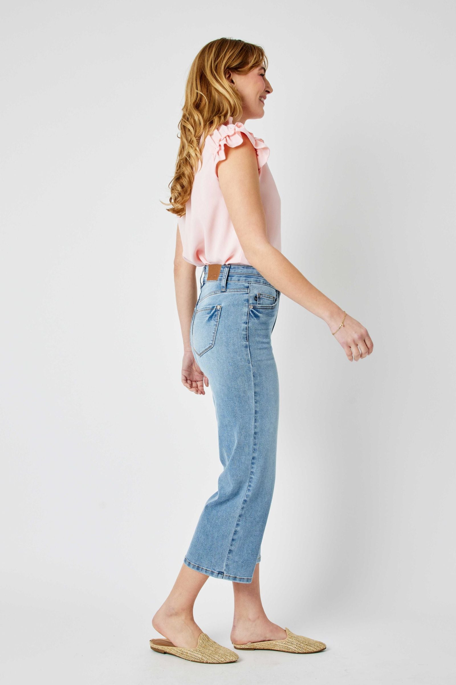 MEDIUM WASH HIGH WAIST DOUBLE WAISTBAND CROPPED WIDE LEG JUDY BLUE DENIM-PLUS