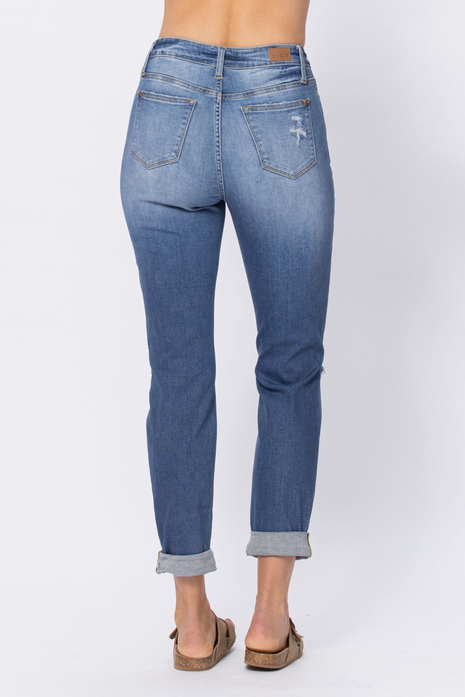 LIGHT WASH HIGH WAIST CUFFED BOYFRIED WITH DESTROY JUDY BLUE DENIM-PLUS