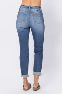 LIGHT WASH HIGH WAIST CUFFED BOYFRIED WITH DESTROY JUDY BLUE DENIM-PLUS