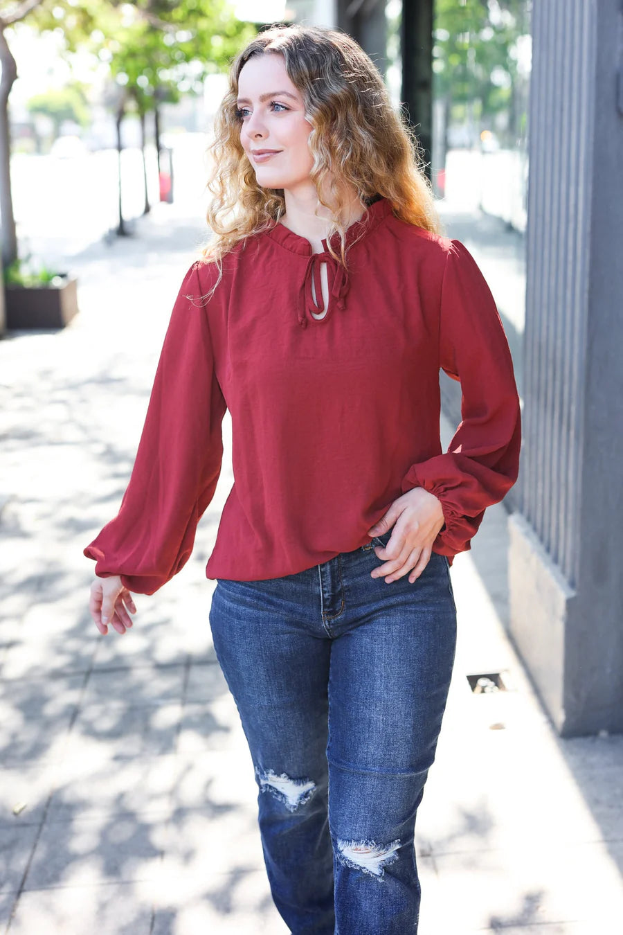 BURGUNDY FRILLED EDGED VNECK TIE LONG SLEEVE TOP-PLUS