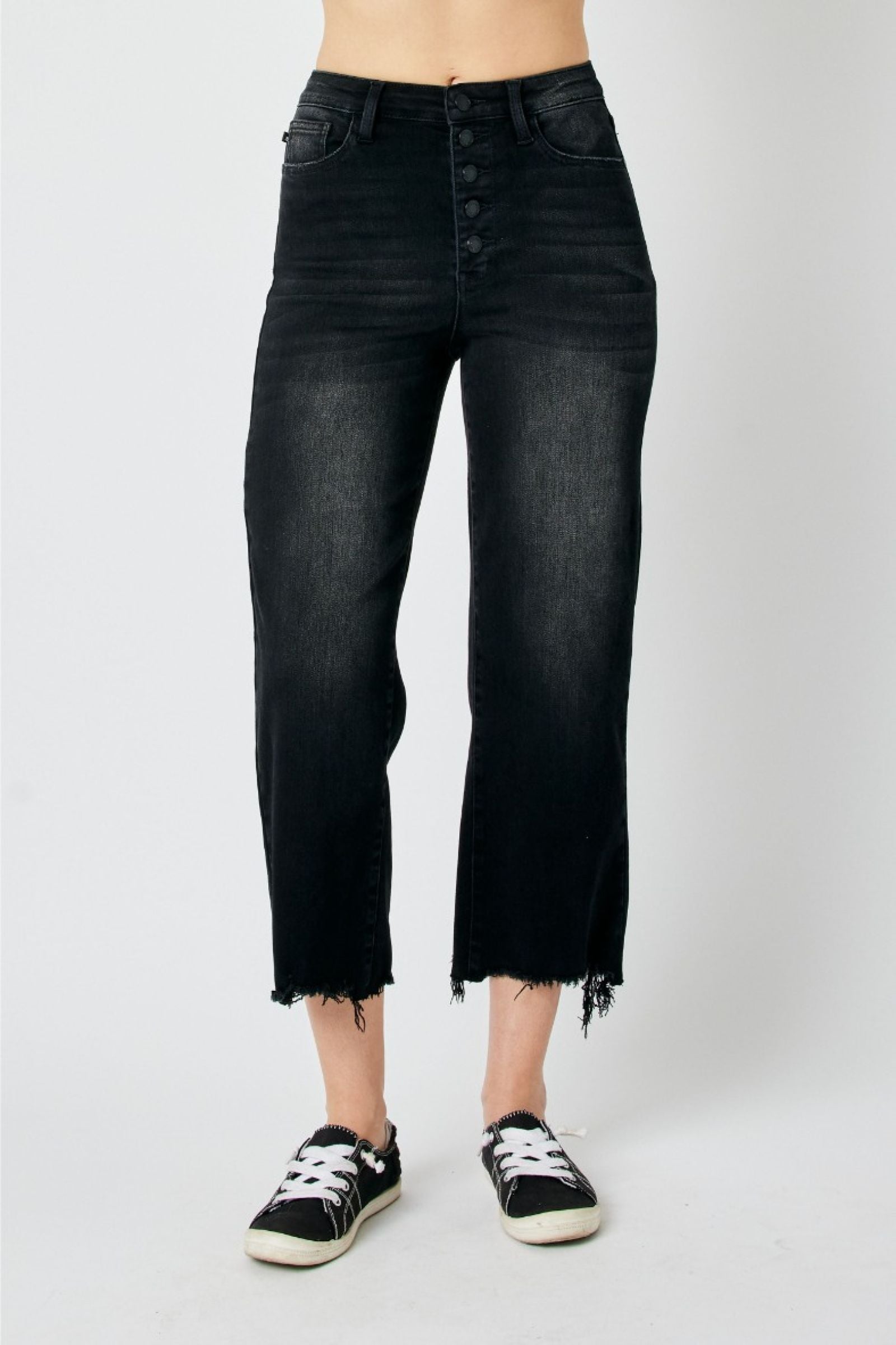 BLACK HIGH WAIST DESTROYED RAW HEM CROP WIDE LEG JUDY BLUE DENIM-PLUS