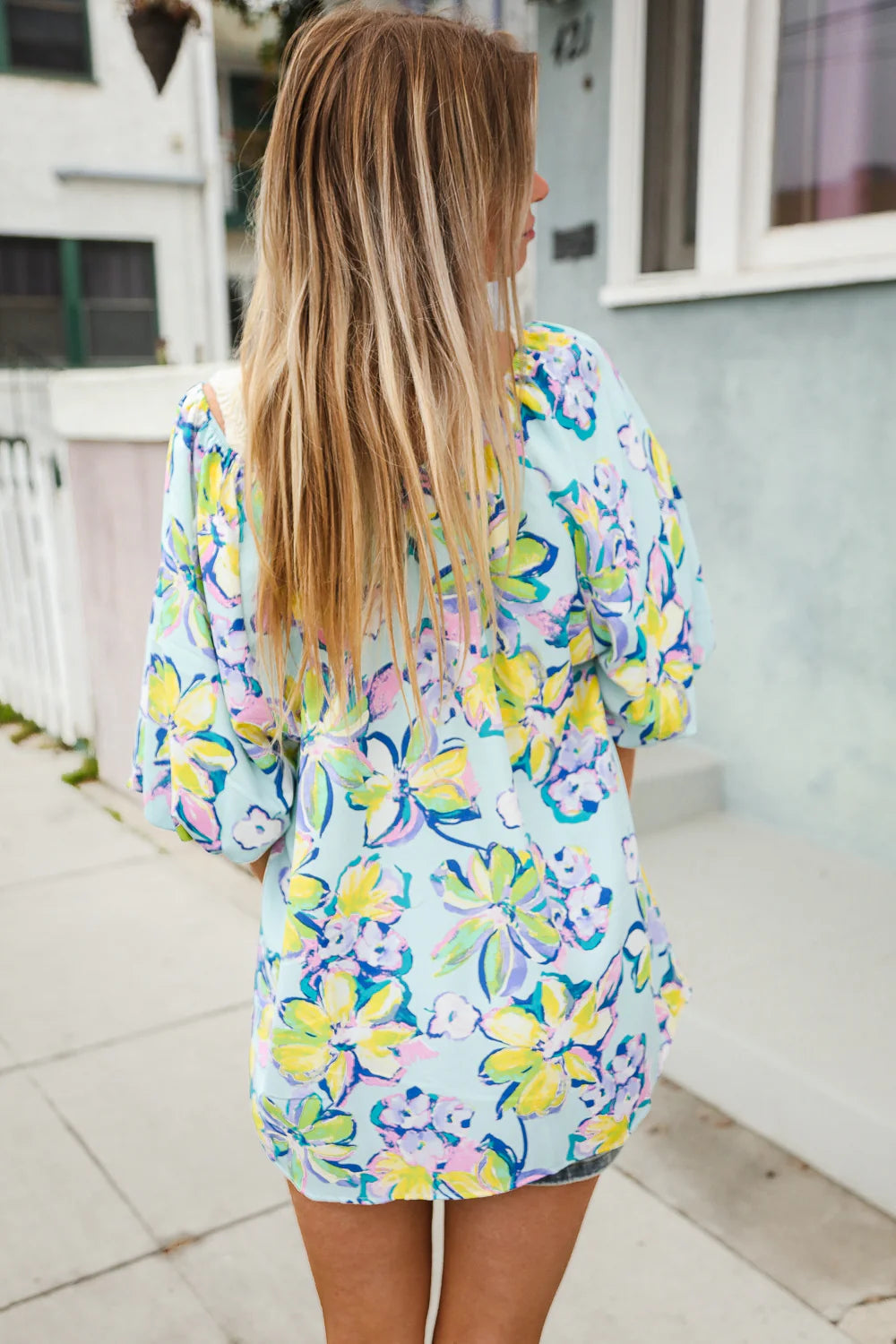 AQUA YELLOW GREEN BLUE FLORAL BUBBLE SLEEVE TOP