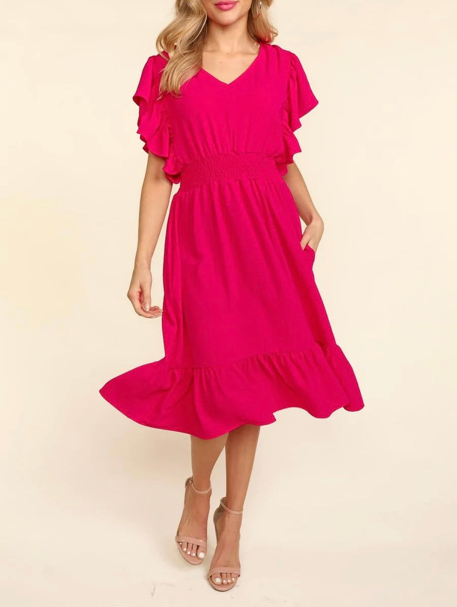 FUCHSIA MIDI LENGTH WOVEN POCKETED RUFFLE DRESS-PLUS