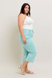 LIGHT BLUE SKY HIGH WAIST GARMENT DYED RAW HEM CROP WIDE LEG JUDY BLUE DENIM-PLUS