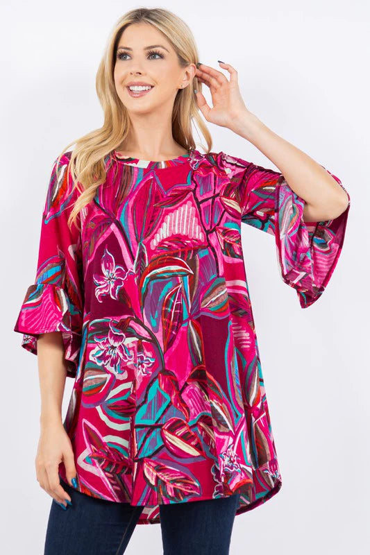 MAGENTA TEAL ABSTRACT PRINT BELL SLEEVE TOP-PLUS