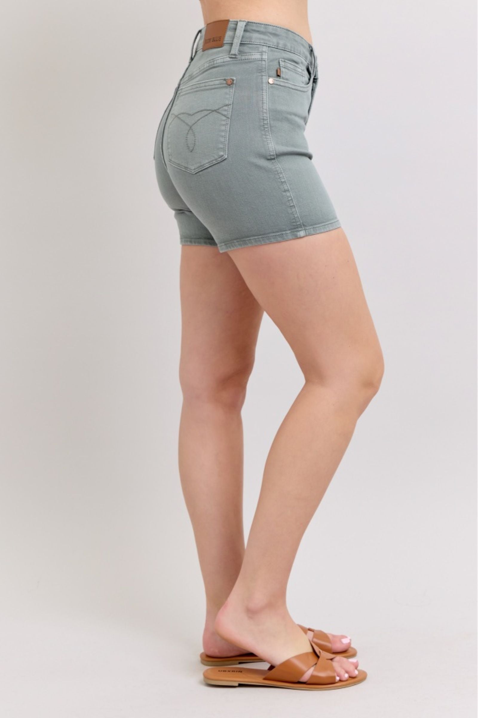 HIGH WAIST STONE BLUE GARMENT DYED BACK POCKET EMBROIDERY DENIM SHORTS JUDY BLUE