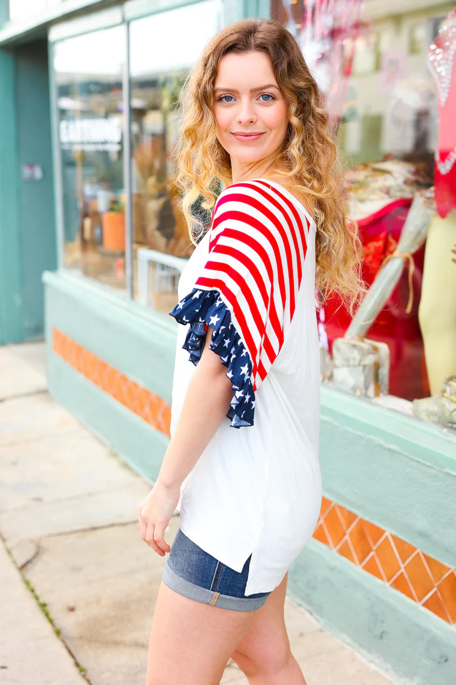 RWB STARS & STRIPES RAGLAN STYLE RUFFLE TOP