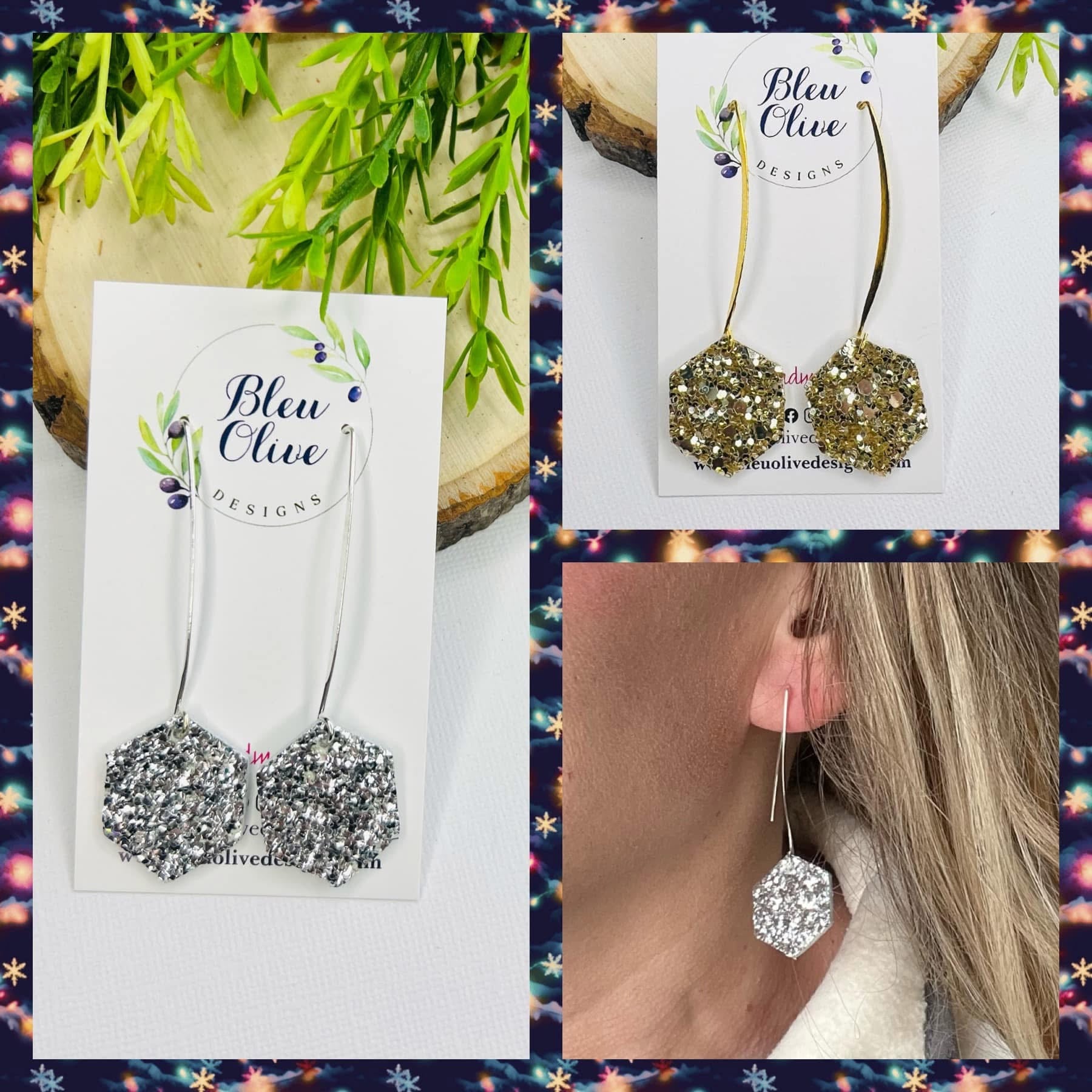 SPARKLY GLITTER HEXAGON DANGLY FANCY HANDMADE EARRINGS BY B.O.D