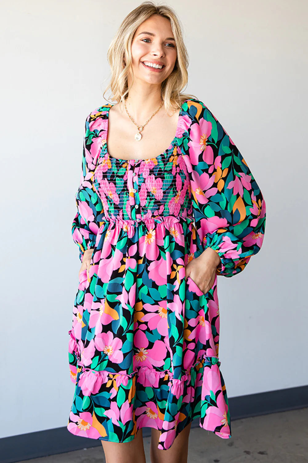 BLACK HOT PINK ORANGE GREEN BLUE FLORAL PRINT SMOCKED FIT & FLARE DRESS