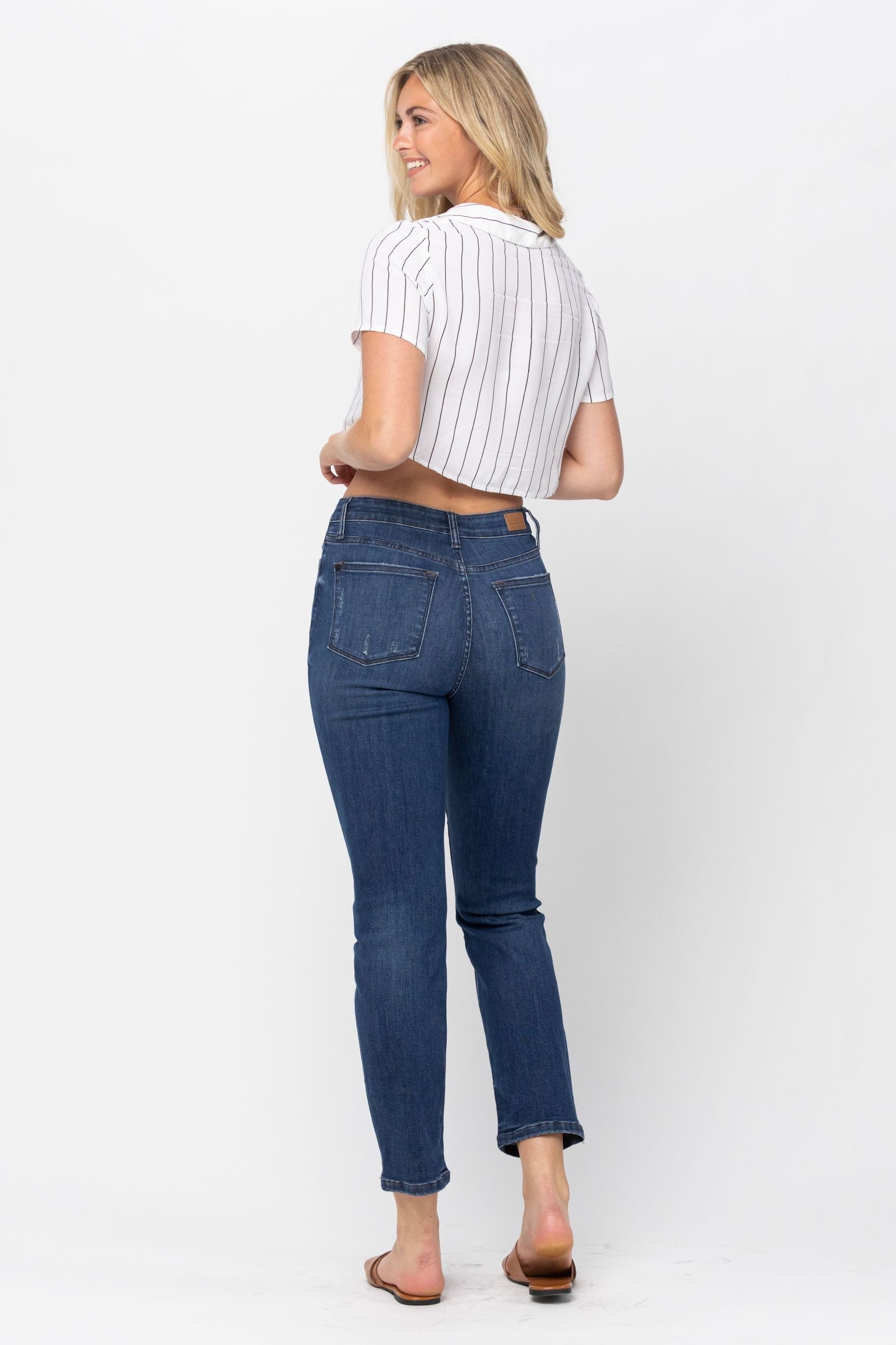 Darkwash High Waist Zig Zag Button Fly Destroyed Boyfriend Judy Blue Denim