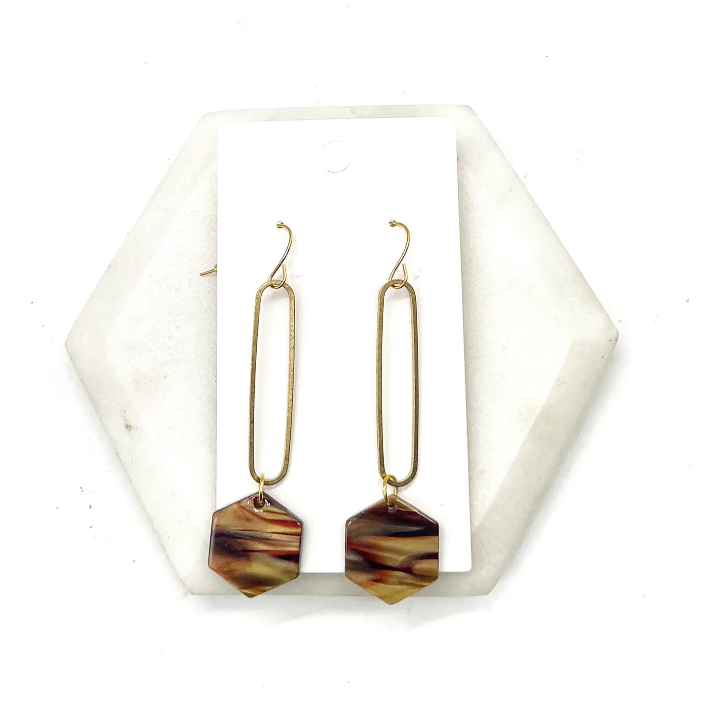 BROWN HEXAGON MINIMALIST ACRYLIC STATEMENT HANDMADE BBB EARRINGS