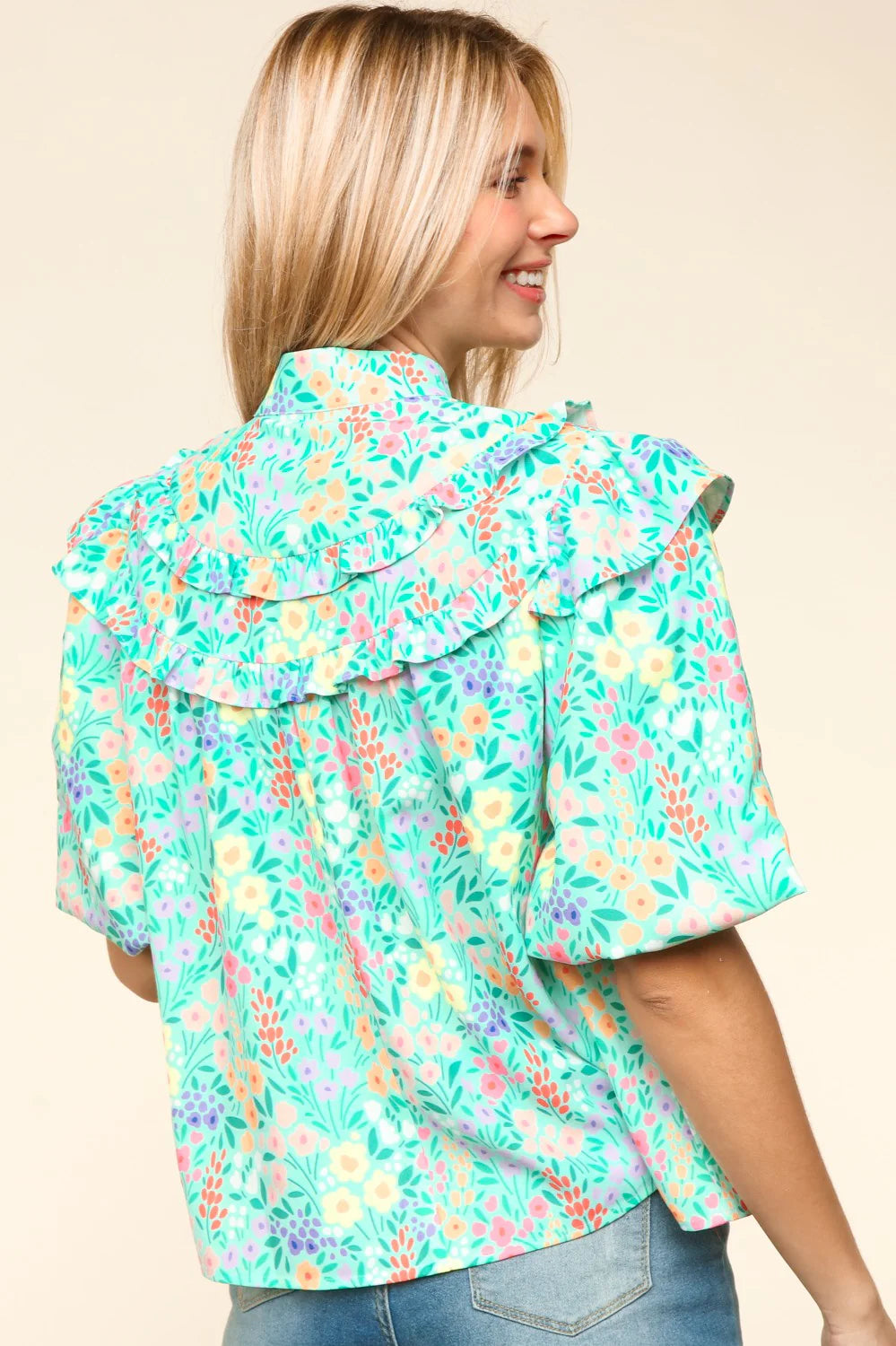 MINT COLOR MULTI SPRING FLORAL NOTCH NECK PUFF SLEEVE TOP