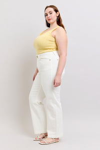 HIGH WAIST DOUBLE BUTTON WAISTBAND TROUSER WHITE WIDE LEG COIN POCKET EMBROIDERY DETAIL JUDY BLUE DENIM-PLUS