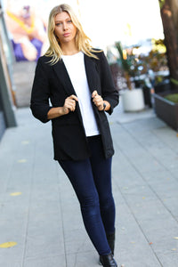 BLACK NOTCHED LAPEL RUCHED SLEEVE BLAZER-PLUS