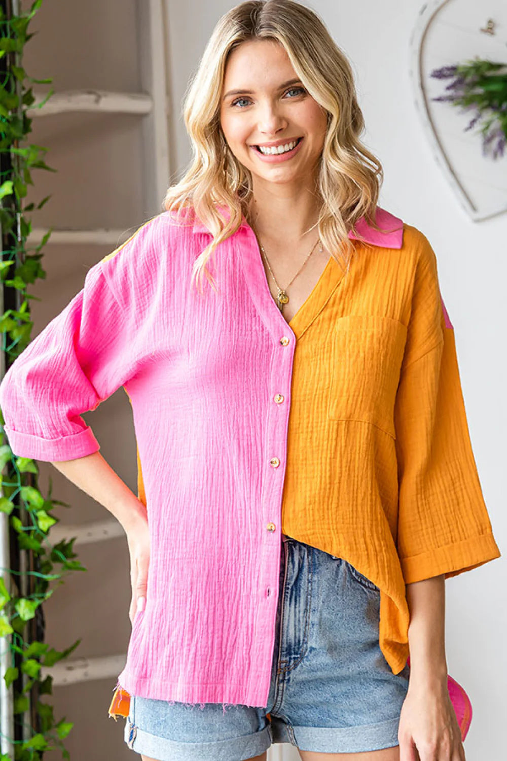 FUCHSIA ORANGE COLORBLOCK COLLARED BUTTON DOWN COTTON-GAUZE-LIKE MATERIAL FRONT POCKET TOP