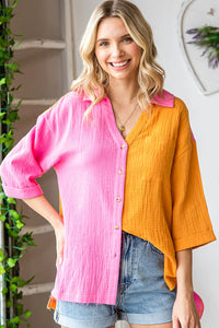 FUCHSIA ORANGE COLORBLOCK COLLARED BUTTON DOWN COTTON-GAUZE-LIKE MATERIAL FRONT POCKET TOP
