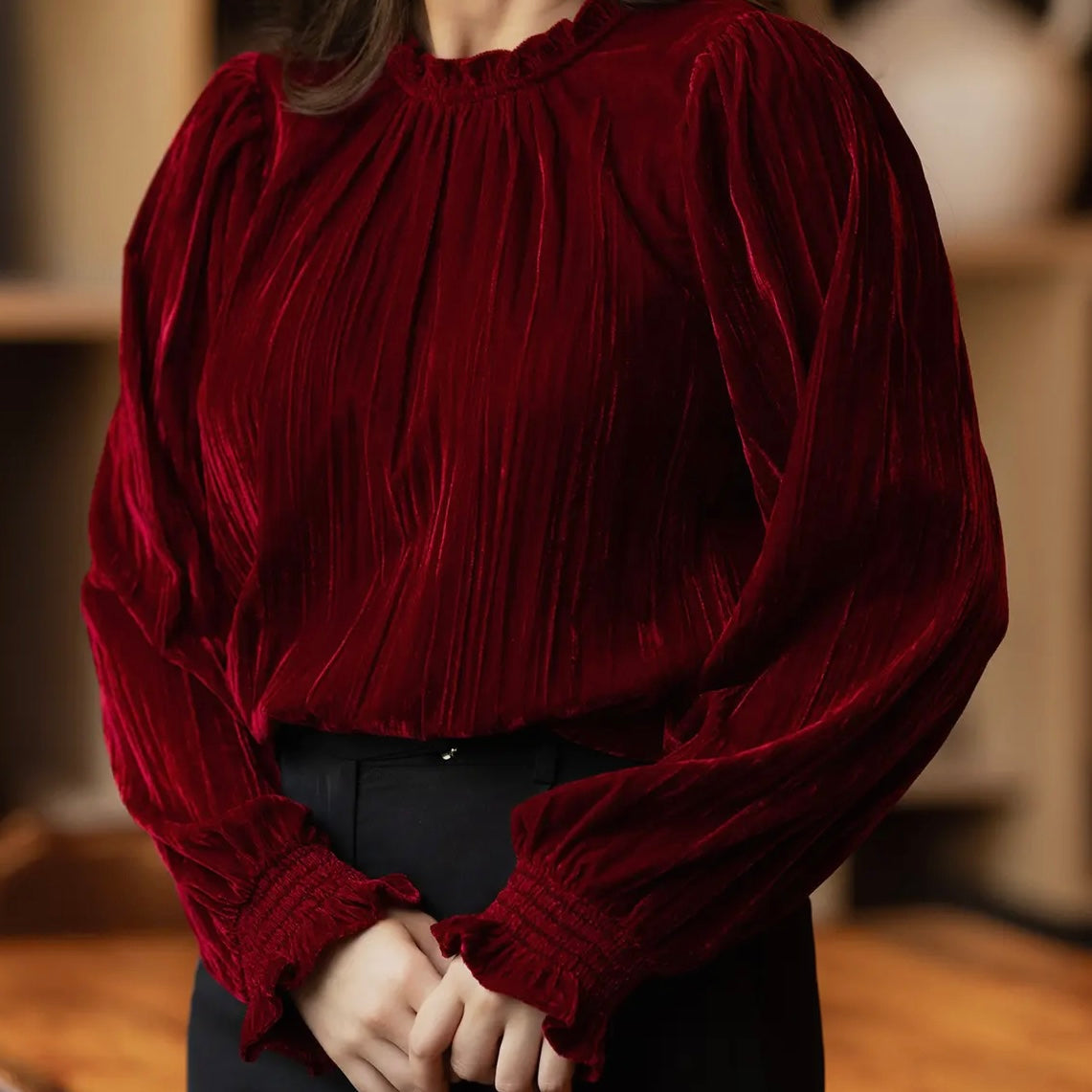 CRANBERRY BURGUNDY QUINN TOP MICHELLE MCDOWELL VELVET BLOUSE- REG & PLUS