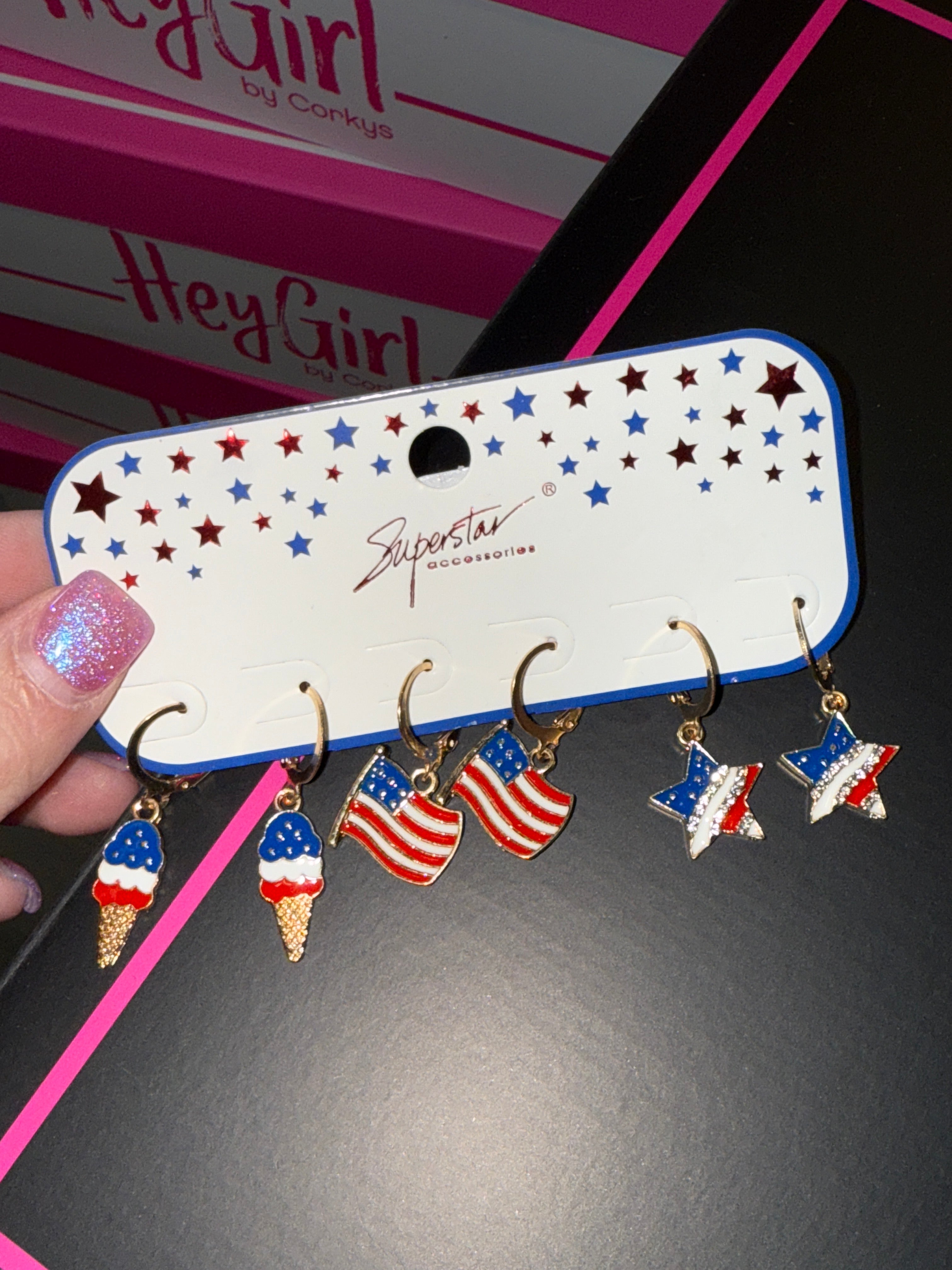 FOURTH OF JULY RWB HUGGIE HOOPS SET OF 3 EARRINGS- SALE