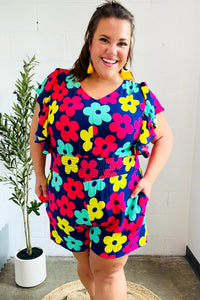 NAVY PINK MAGENTA YELLOW WHITE FEELING BOLD FLORAL SMOCKED WAIST FLUTTER ROMPER-PLUS