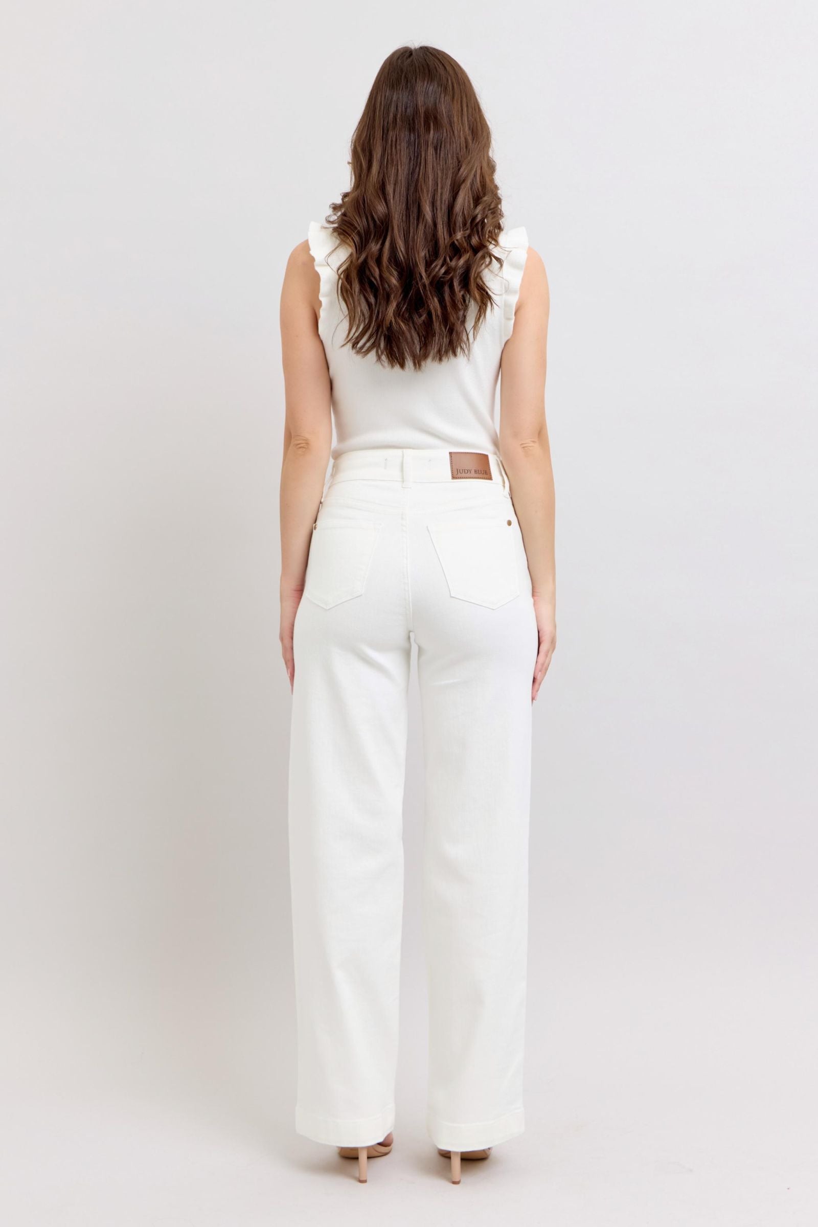 HIGH WAIST DOUBLE BUTTON WAISTBAND TROUSER WHITE WIDE LEG COIN POCKET EMBROIDERY DETAIL JUDY BLUE DENIM