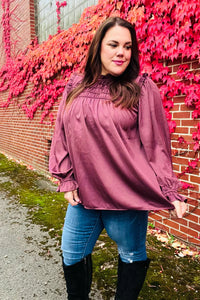 WINE MARSALA BE YOUR BEST SATIN SHIRRED YOKE FRILLY MOCK NECK BLOUSE