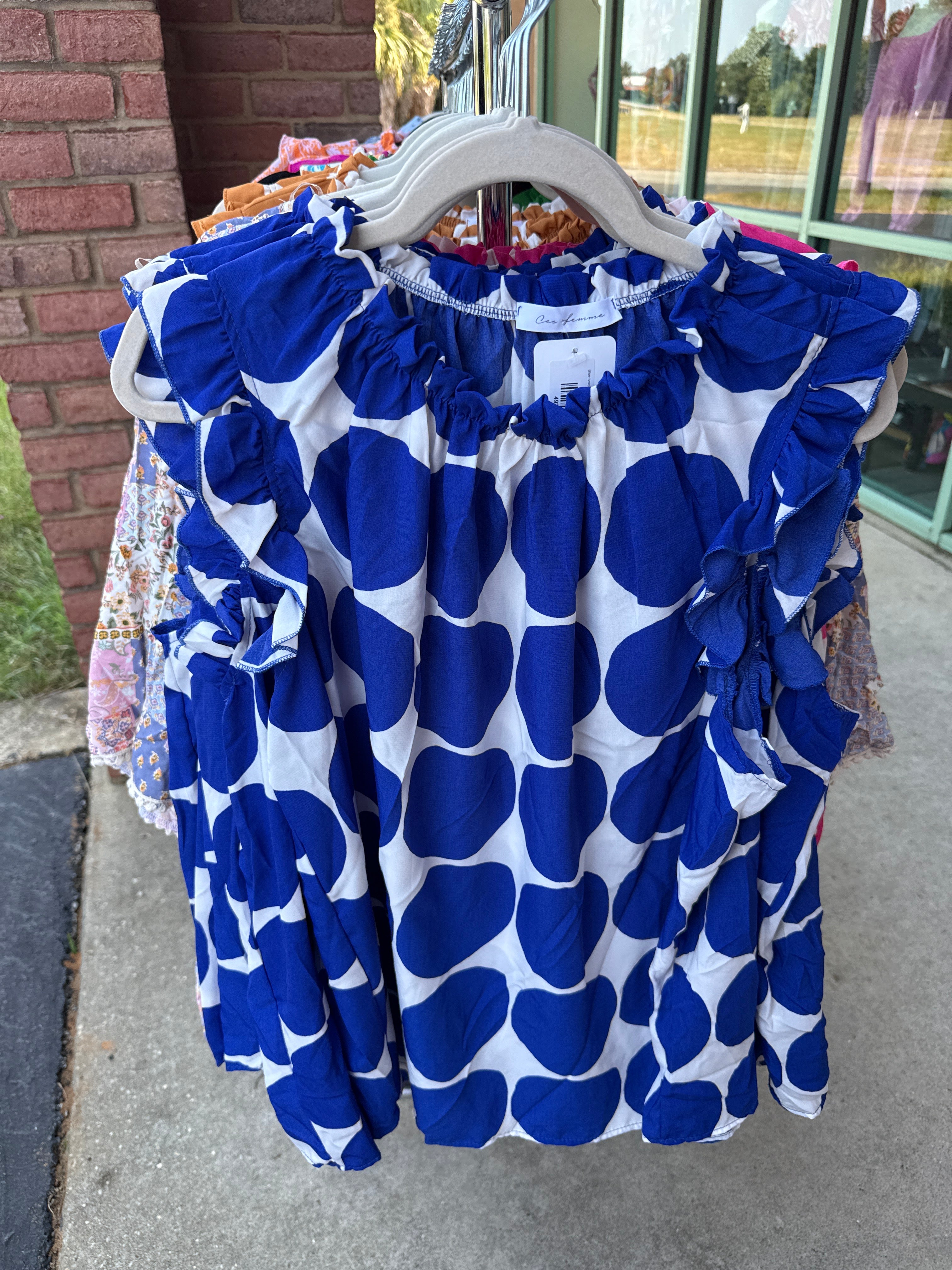 Blue Ivory Big Polka Dot Ruffle Blouse- PLUS- SALE