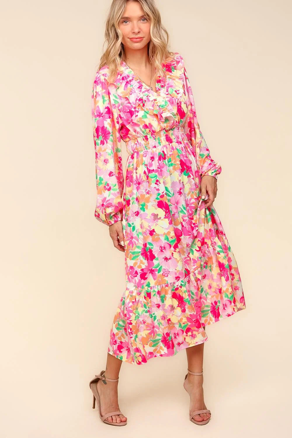 PINK CORAL PASTELS VNECK RUFFLE WOVEN SURPLICE MAXI DRESS-PLUS