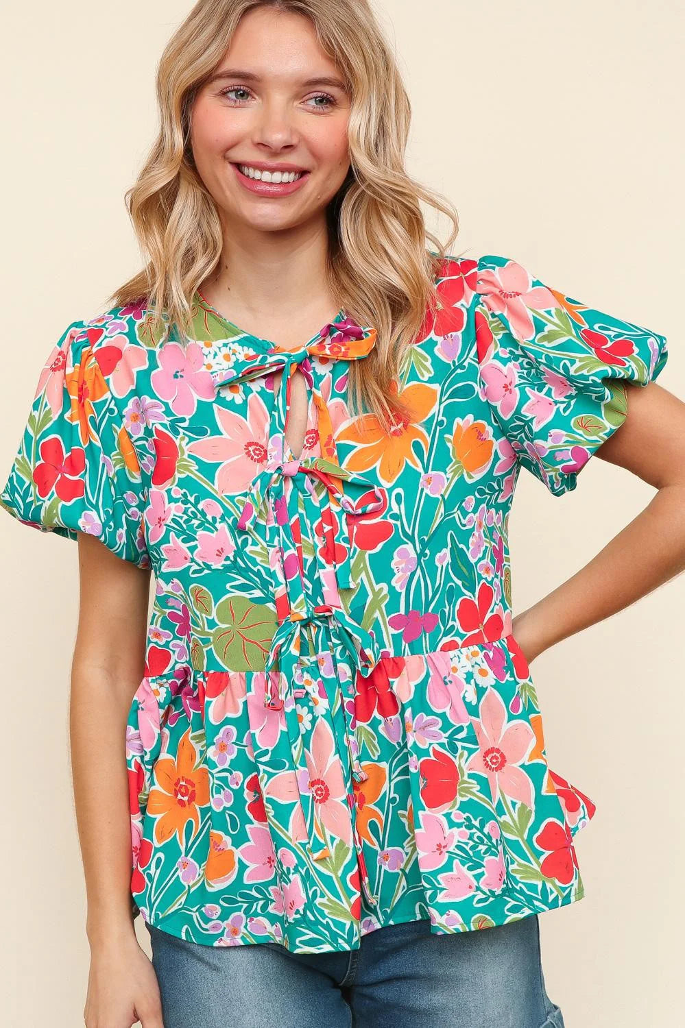 AQUA COLORFUL RIBBON BOW FLORAL WOVEN BLOUSE- PLUS- SALE