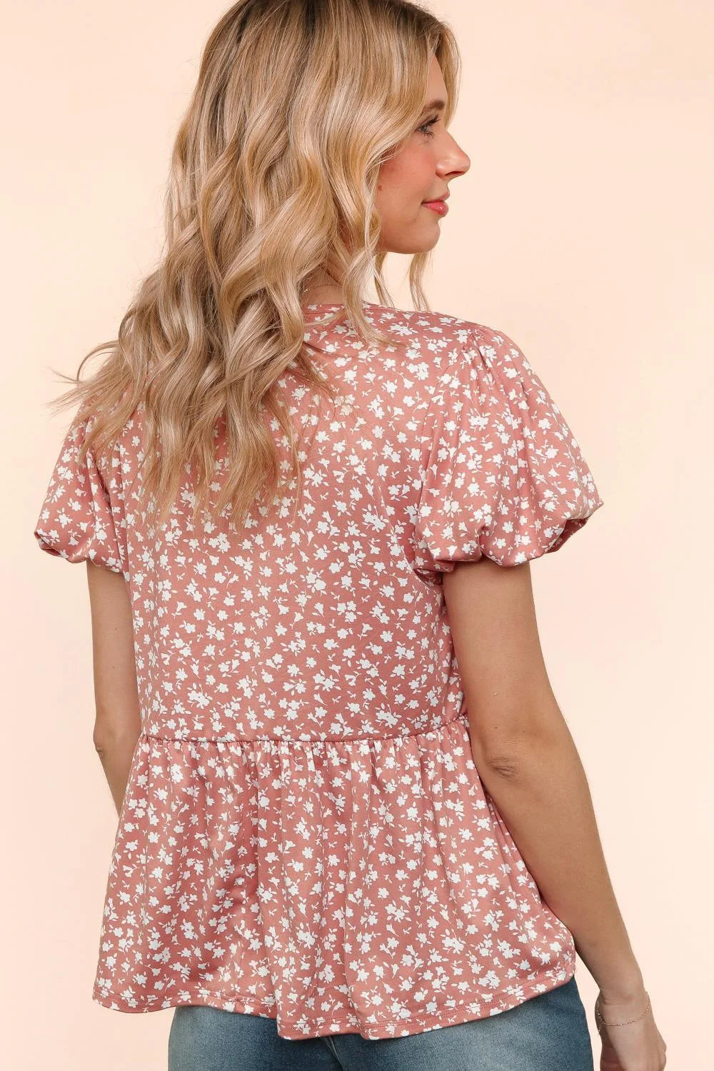 MAUVE WHITE FLORAL FRONT RIBBONS BOW TIE BABYDOLL KNIT TOP