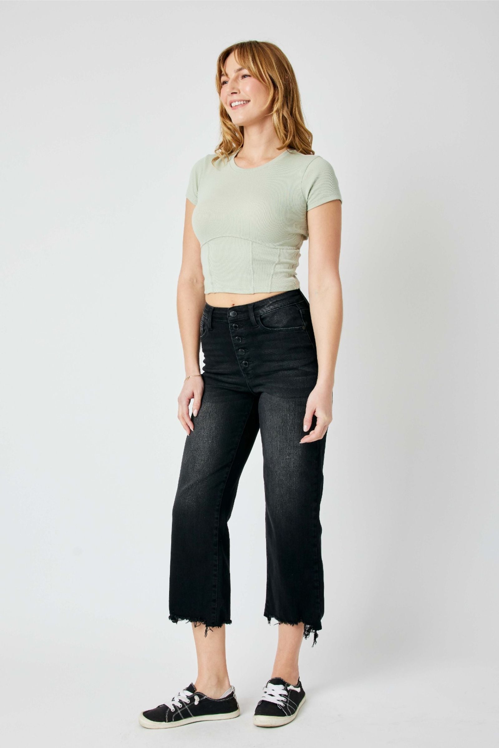 BLACK HIGH WAIST DESTROYED RAW HEM CROP WIDE LEG JUDY BLUE DENIM