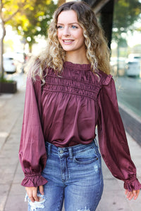WINE MARSALA BE YOUR BEST SATIN SHIRRED YOKE FRILLY MOCK NECK BLOUSE