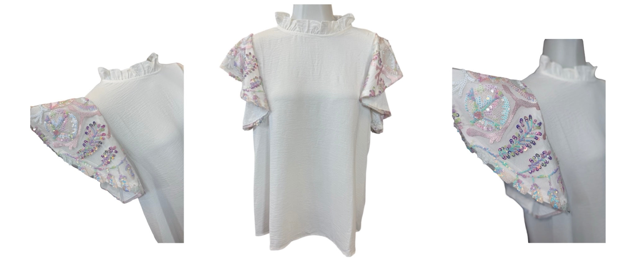 WHITE IRIDESCENT SEQUIN FLUTTER SLEEVE BLOUSE- SALE- MEDIUM & LARGE AVAILABLE