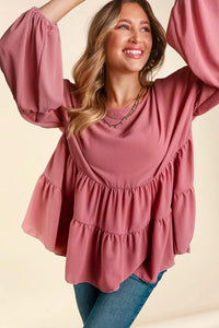 MAUVE BUBBLE WOVEN RUFFLE BABYDOLL TOP-PLUS