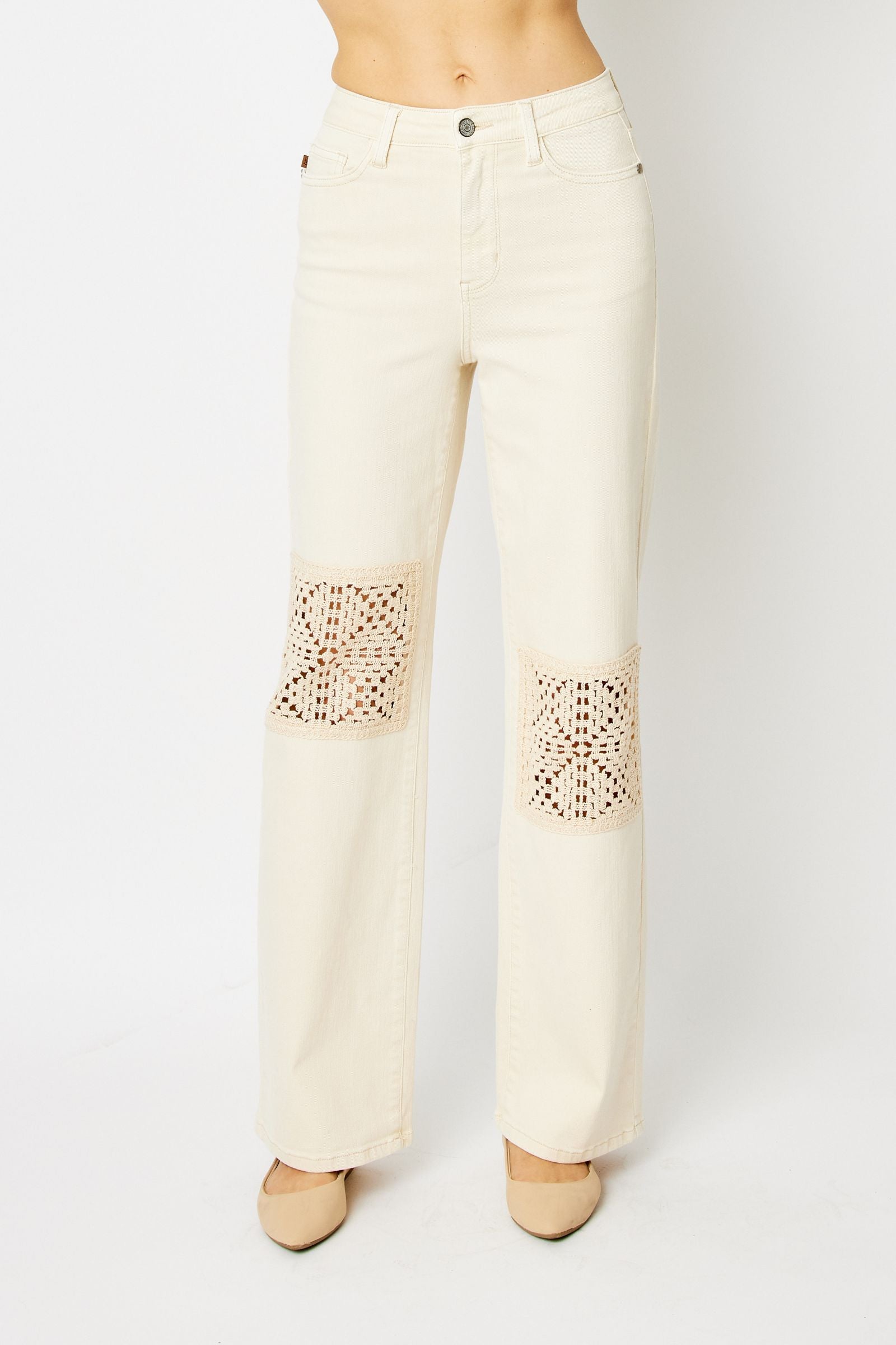 ECRU/OFF-WHITE HIGH WAIST GARMENT DYED CROCHET PATCHES WIDE LEG JUDY BLUE DENIM