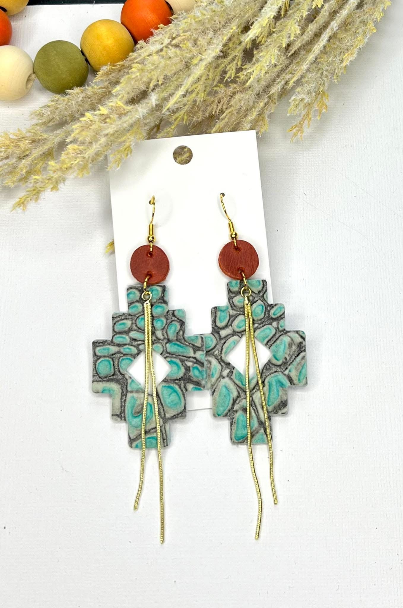 TURQUOISE & GREY ROCK-STONE LEATHER GEOMETRIC AZTEC SHAPE WITH RUST CIRCLES & GOLD SHIMMER DANGLY ACCENTS HANDMADE EARRINGS BY B.O.D