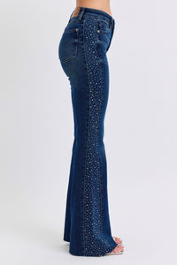DARKWASH MID RISE RHINESTONE SIDE PANEL DETAIL FLARE JUDY BLUE DENIM-PLUS