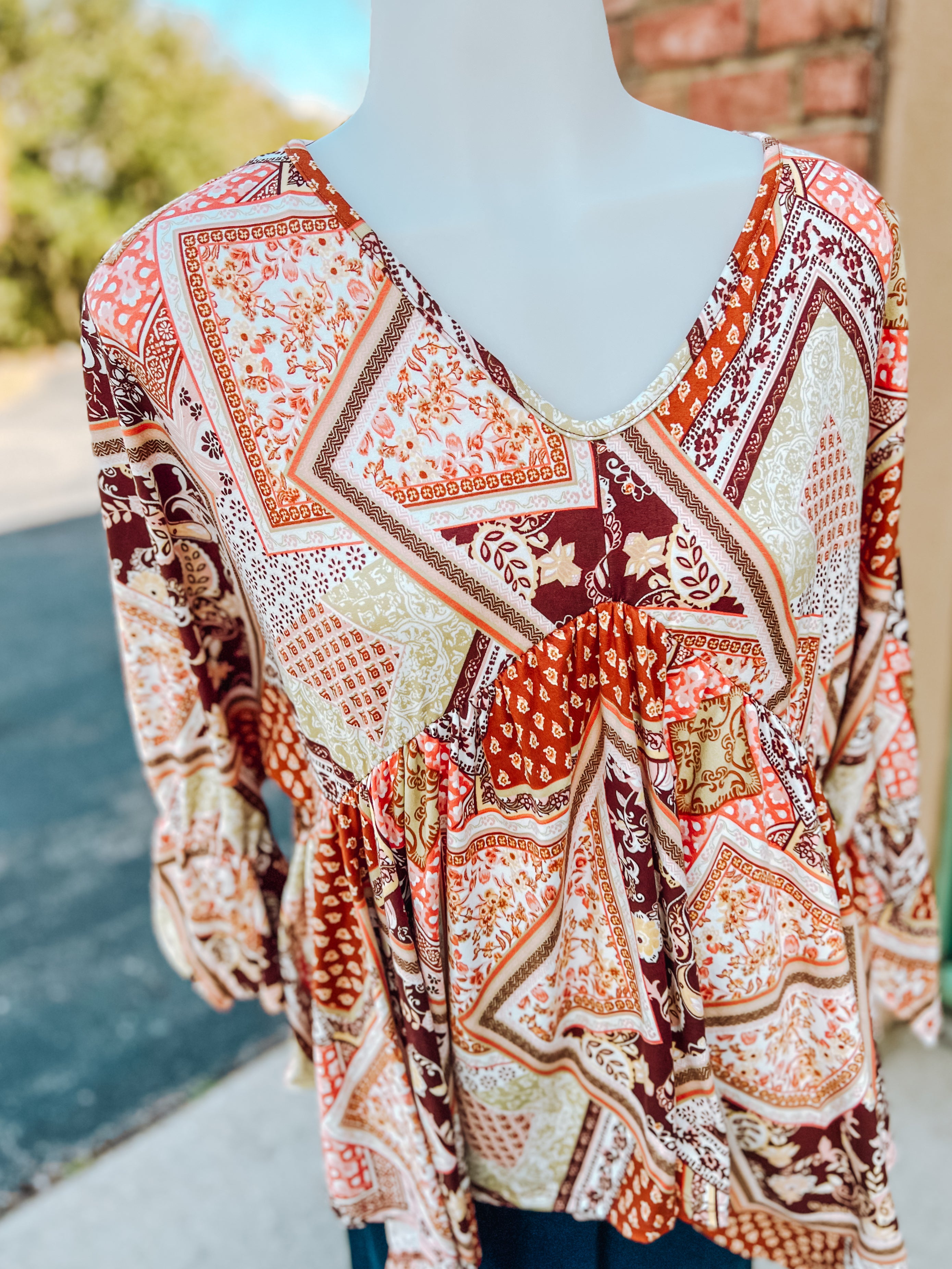 Rust Sepia Boho Sharkbite 3/4 Sleeve Top