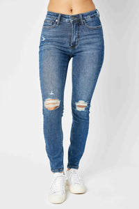 DARKWASH MID RISE TUMMY CONTROL DESTROYED SKINNY DENIM JUDY BLUE-PLUS