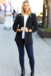 BLACK NOTCHED LAPEL RUCHED SLEEVE BLAZER-PLUS