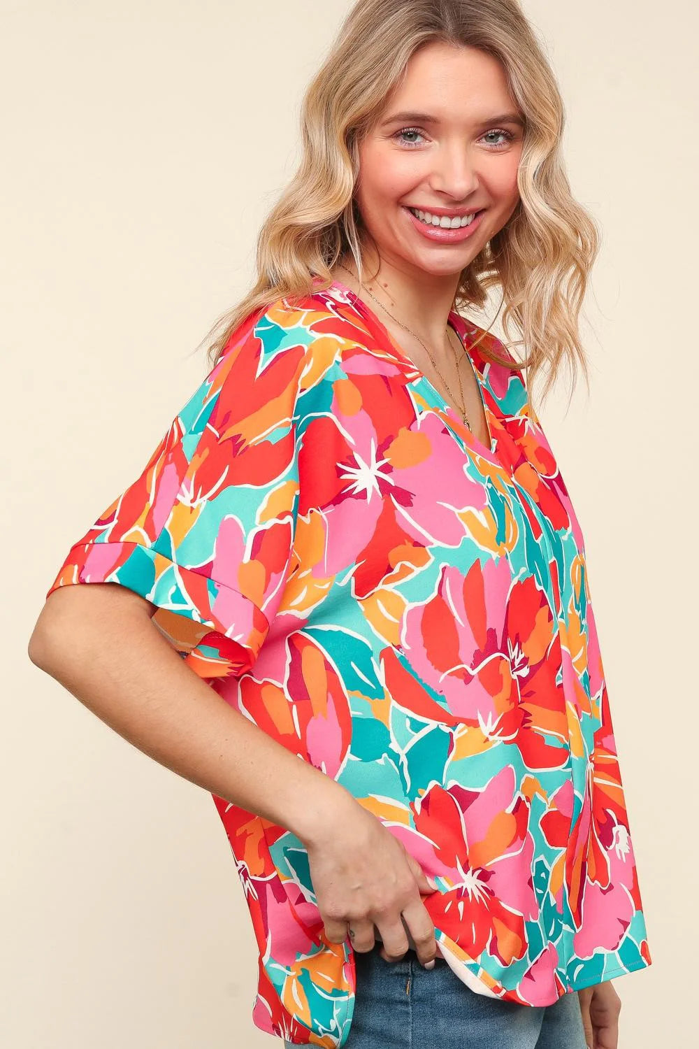 AQUA FUCHSIA FLORAL WOVEN DOLMAN BLOUSE