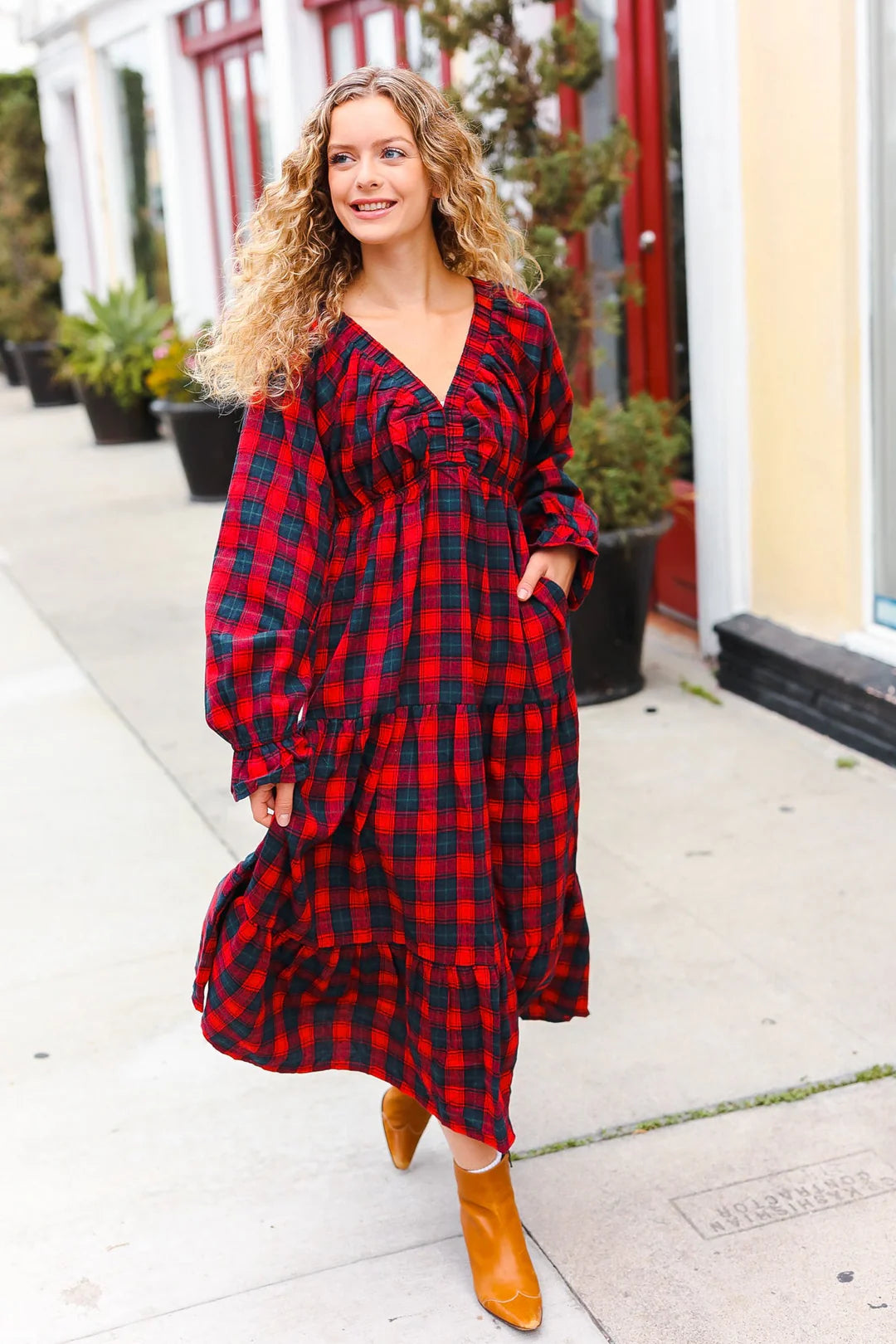 CHRISTMAS PLAID RUFFLE VNECK ELASTIC WAIST MAXI DRESS