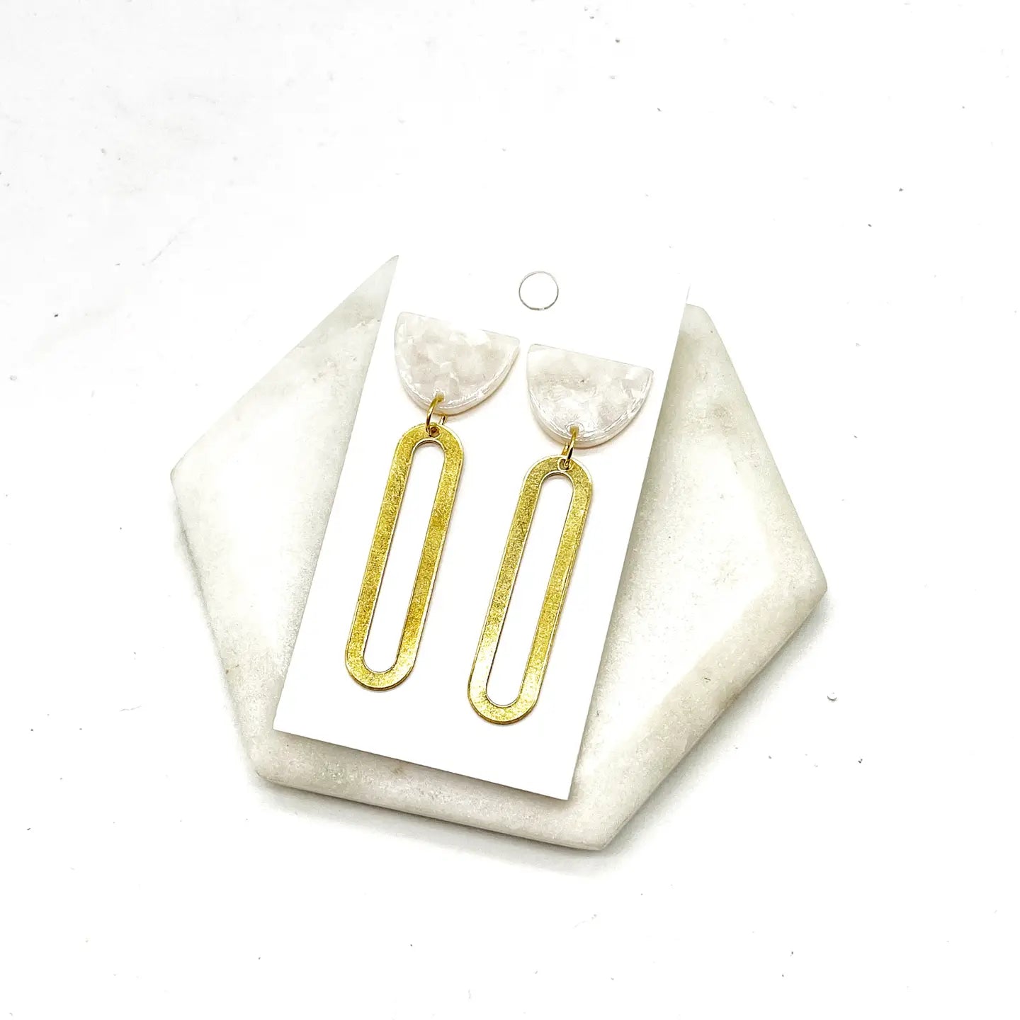 IVORY WHITE GOLD OVAL OBLONGATED ACRYLIC METAL STATEMENT HANDMADE BBB EARRINGS