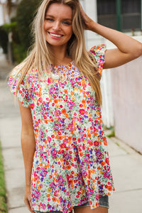 FUCHSIA & PURPLE FLORAL FLUTTER RUFFLE TOP