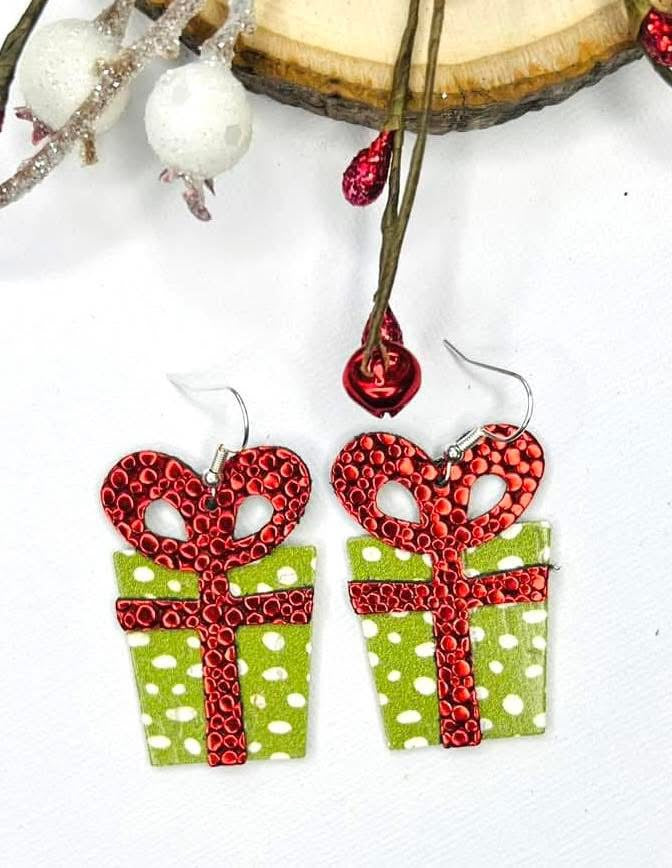 ALL WRAPPED UP GIFT BOX PRESENT CHRISTMAS BOW HANDMADE EARRINGS BY B.O.D