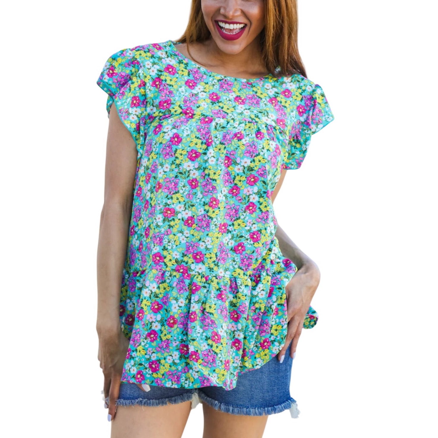 MINT FLORAL YOKE FLUTTER KEYHOLE BACK RUFFLE TOP- SALE- MEDIUM AVAILABLE